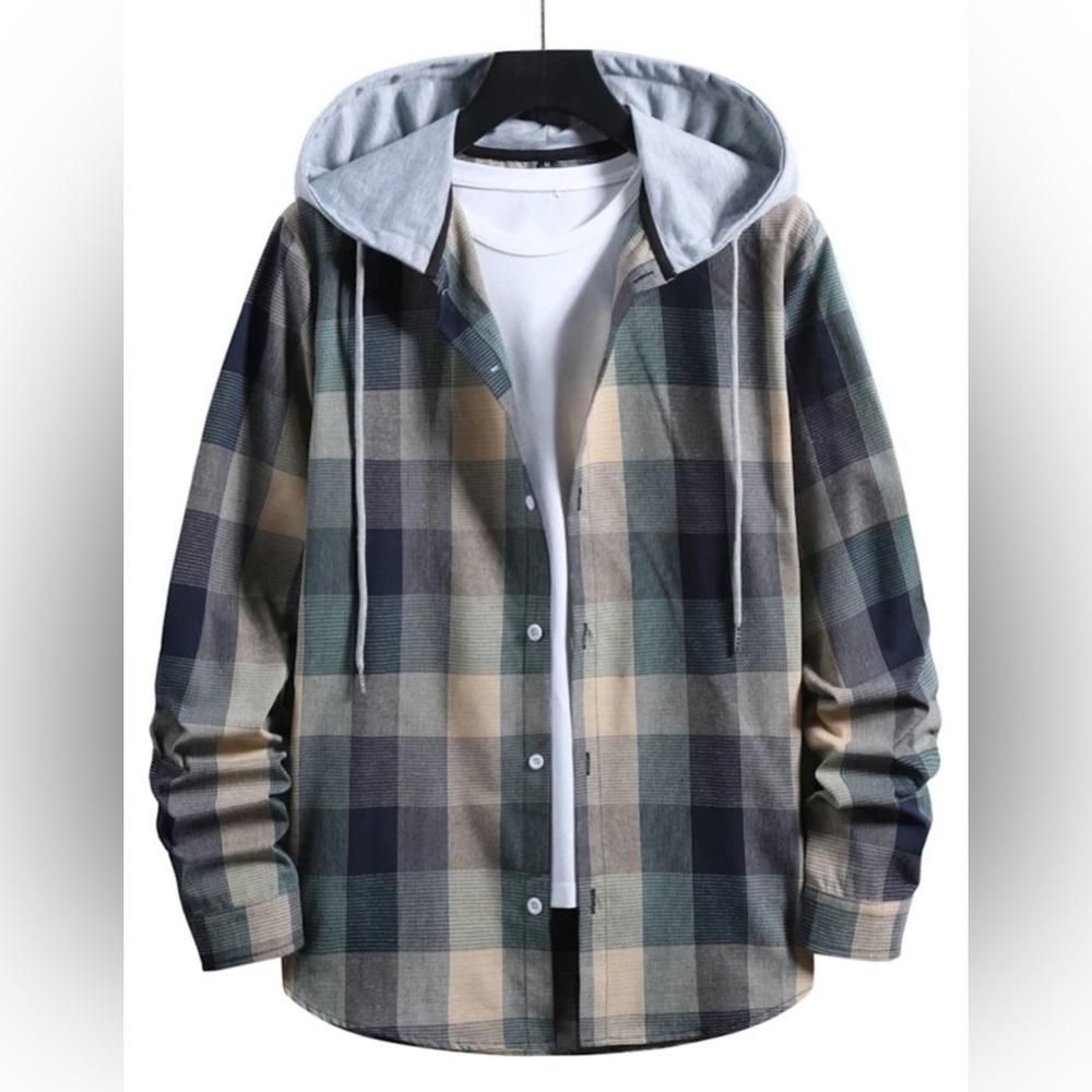 Men’s SHEIN Plaid Contrast Hoodie Button Up Shirt; Size Small